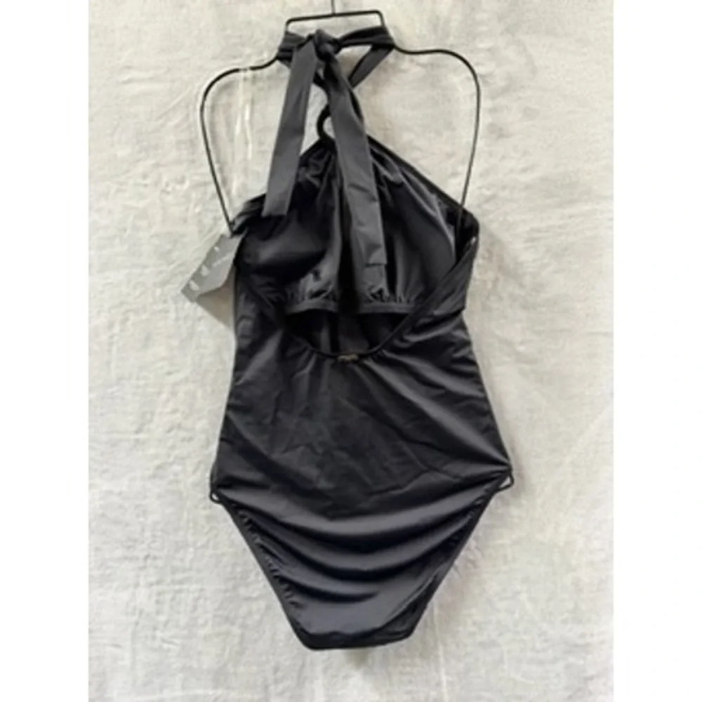 Lauren Ralph Lauren Womens Black Halter O-Ring One Piece Swimsuit $160 Size 12